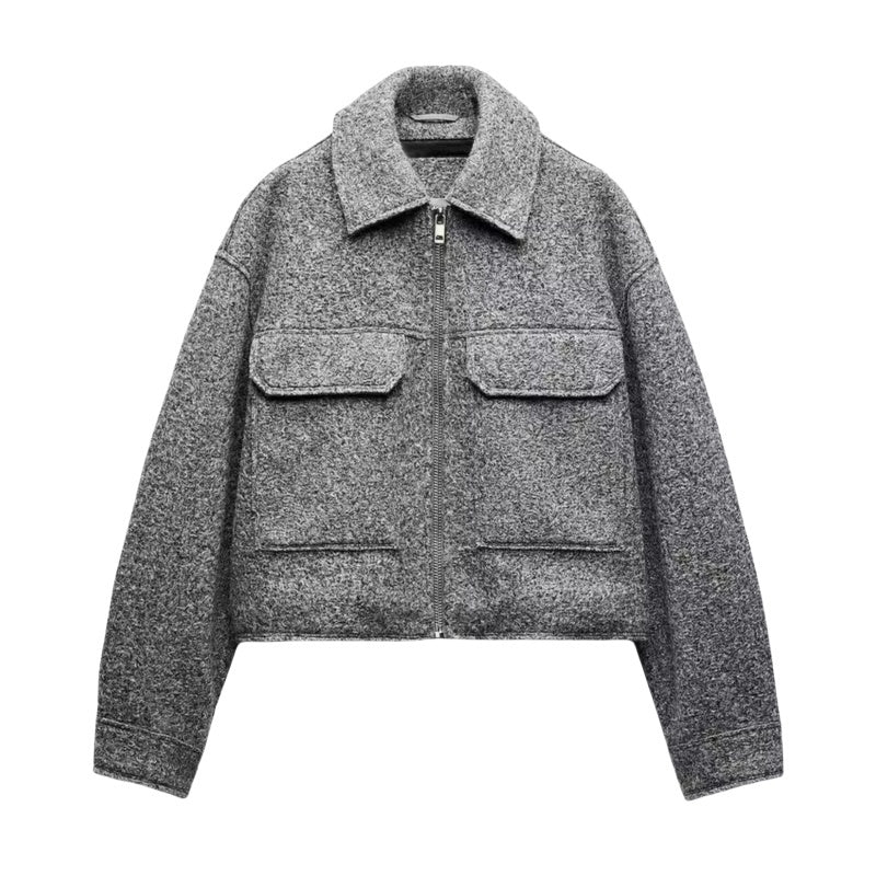 Long Sleeve Lapel Large Pocket Beaded Leather Jacket Woolen Short Coat