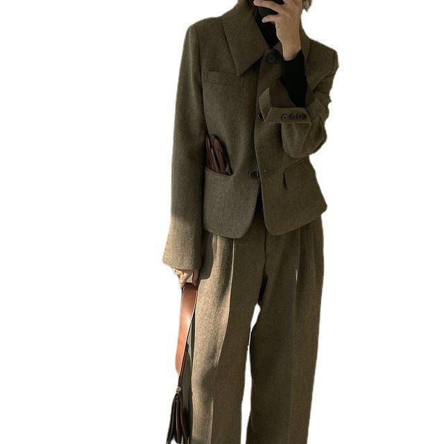 Plaid Woolen Coat High Waist Wide Leg Suit Women