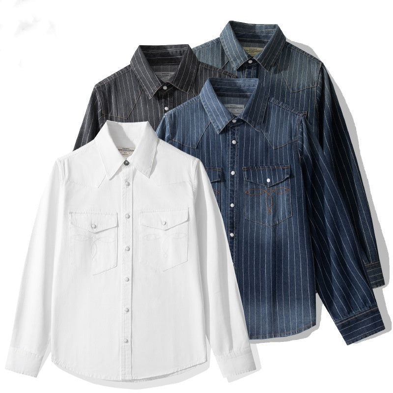 Retro Distressed Striped Denim Shirt