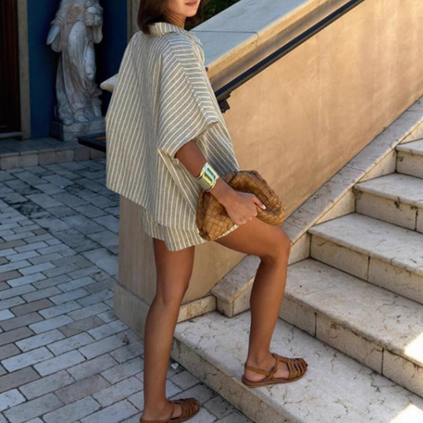 Striped Shirt Pocket Shorts Loose Leisure Suit Women
