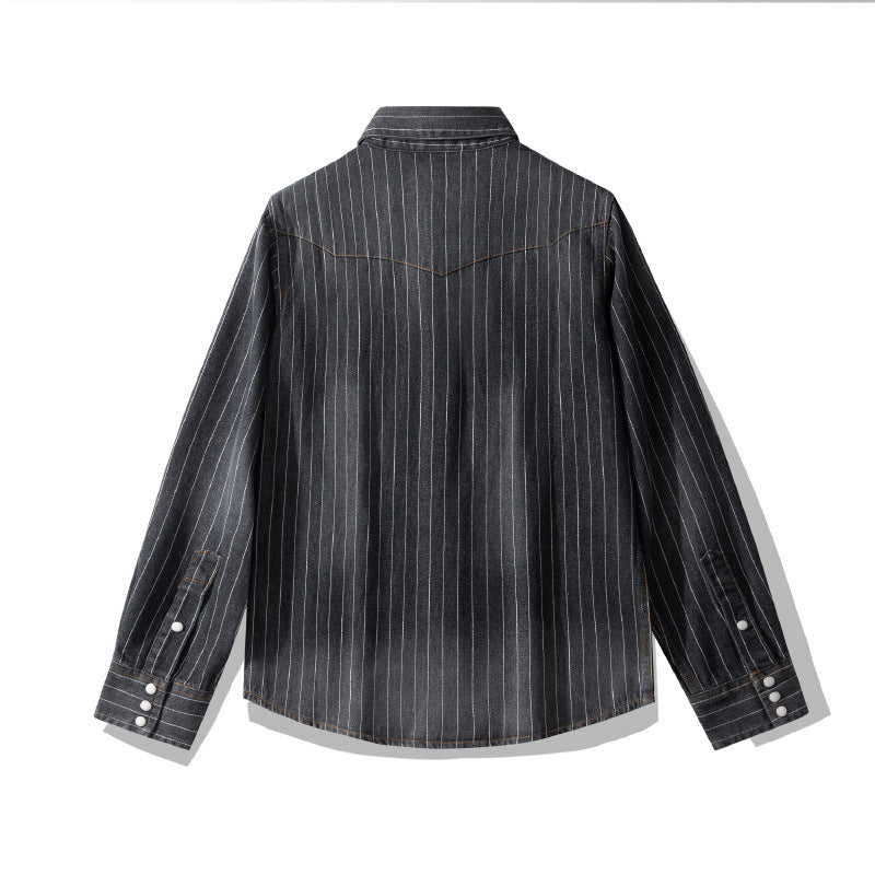 Retro Distressed Striped Denim Shirt
