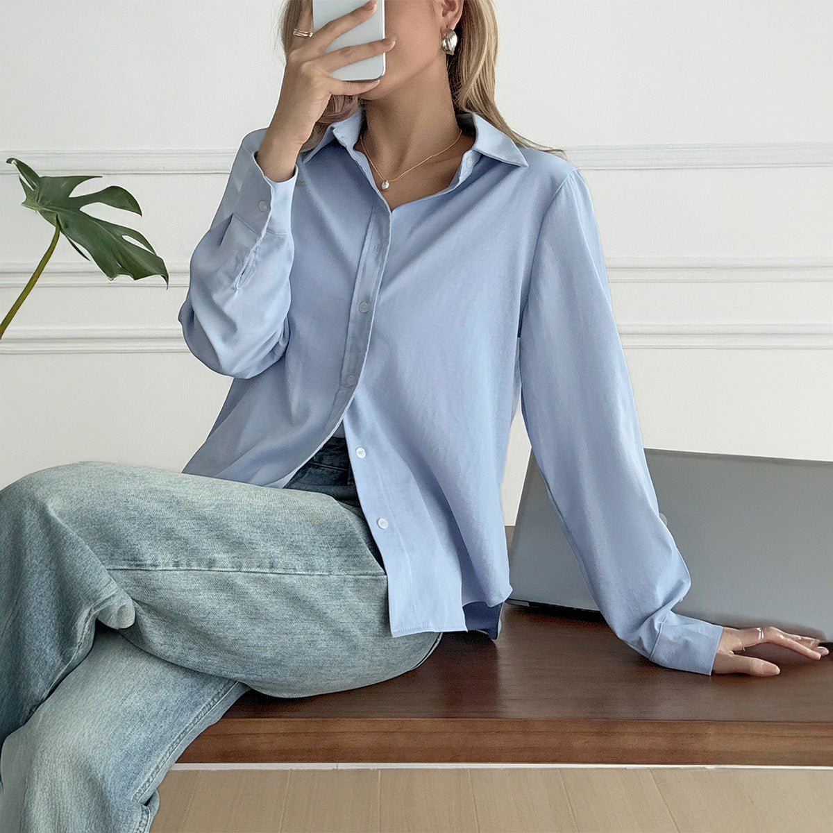 Women's Solid Color Casual Button Long Sleeve Cardigan Shirt