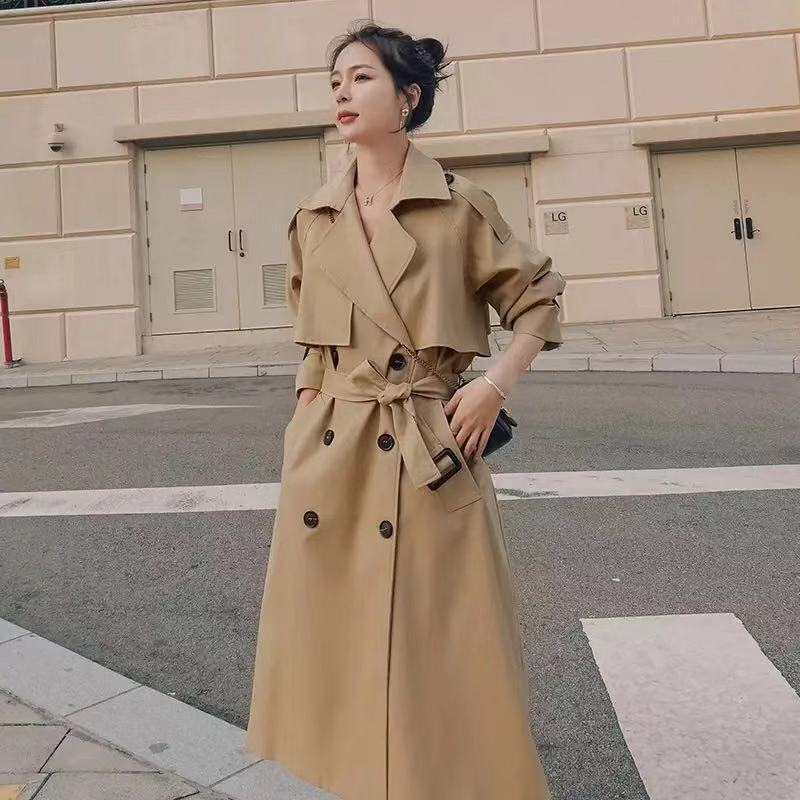 Double Breasted Waist Belt Khaki Loose Coat For Women