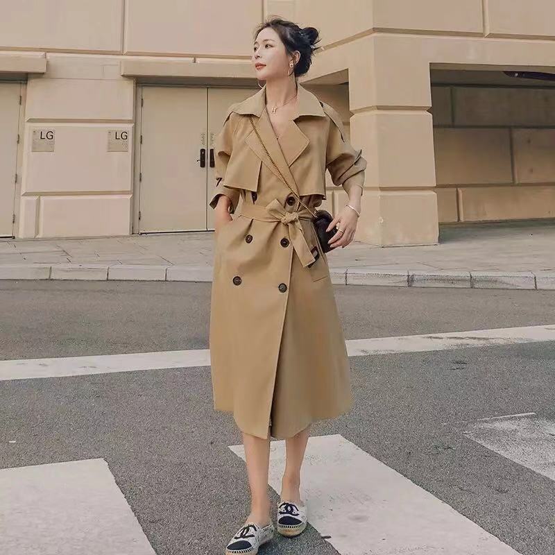 Double Breasted Waist Belt Khaki Loose Coat For Women