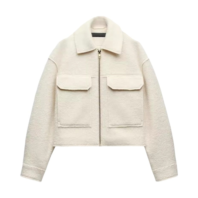 Long Sleeve Lapel Large Pocket Beaded Leather Jacket Woolen Short Coat