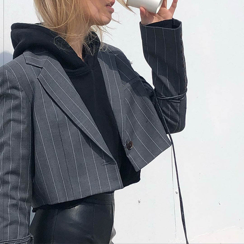 Long Sleeve Striped Double-button Elegant Office Lady Notched Trendy Crop Top All-match Women Commuters