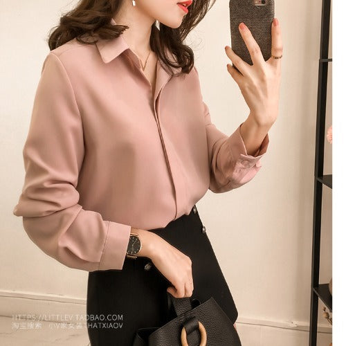 Retro Hong Kong Style Shirt Wear Loose And Thin, All-Match Long-Sleeved Ice Silk Chiffon Shirt