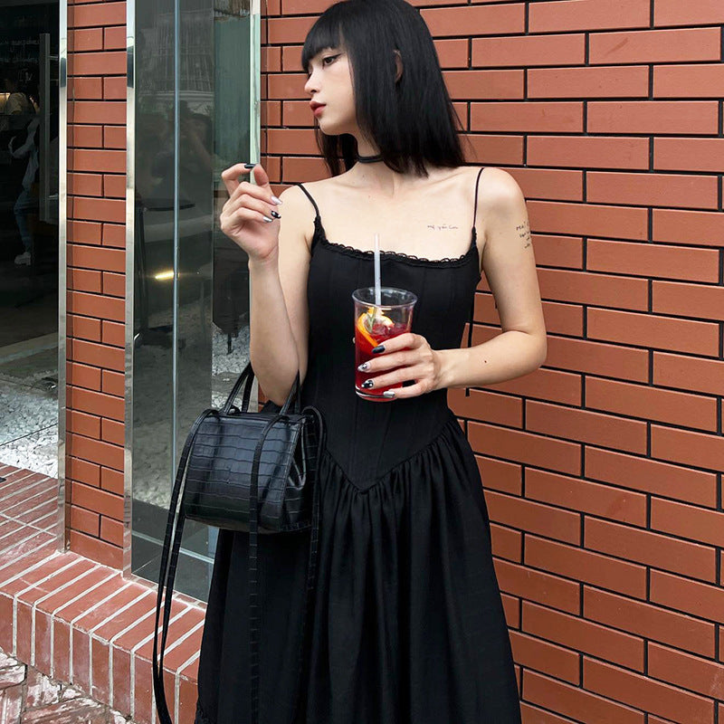 Lace-up Bow Collar Solid Color Graceful Slip Dress Women