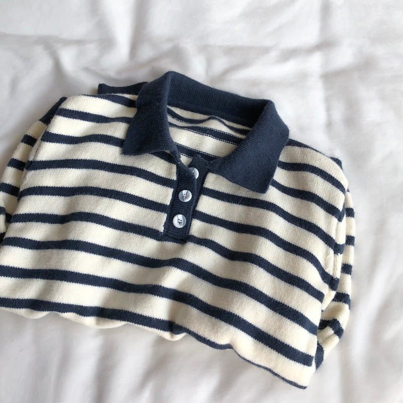 Women's Polo Polo Collar Stripes Sweater Long Sleeve Knitted Top