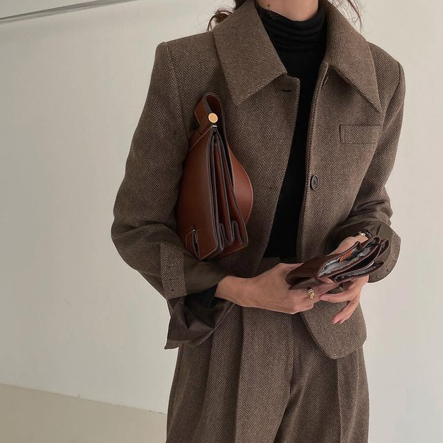 Plaid Woolen Coat High Waist Wide Leg Suit Women
