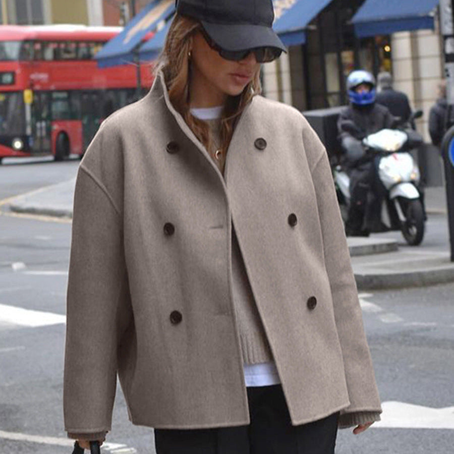 Designed Brown Double-breasted Woolen Coat For Women Winter Thickened Woolen Coat