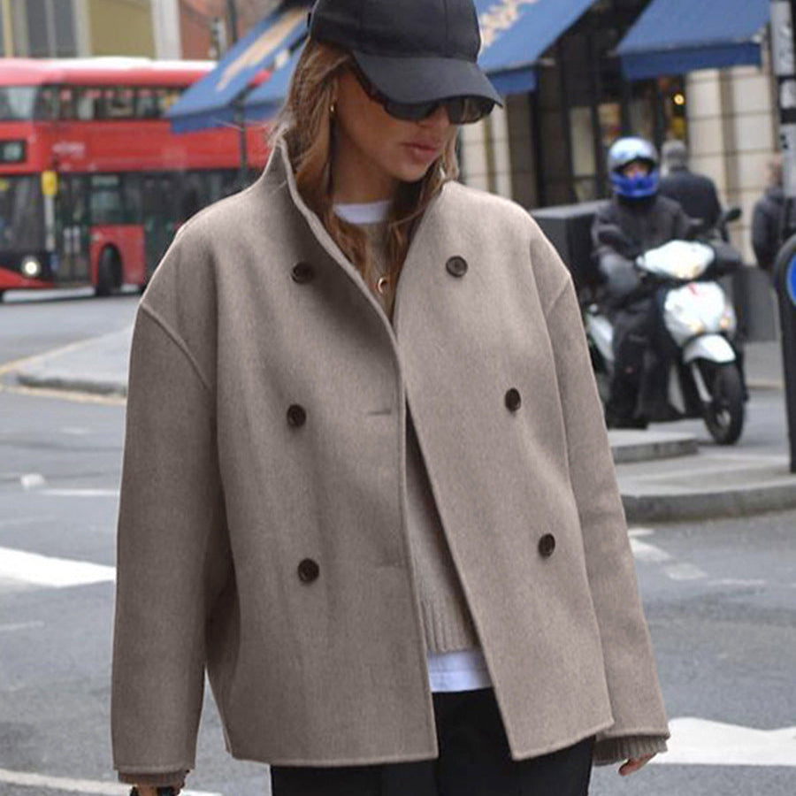 Designed Brown Double-breasted Woolen Coat For Women Winter Thickened Woolen Coat