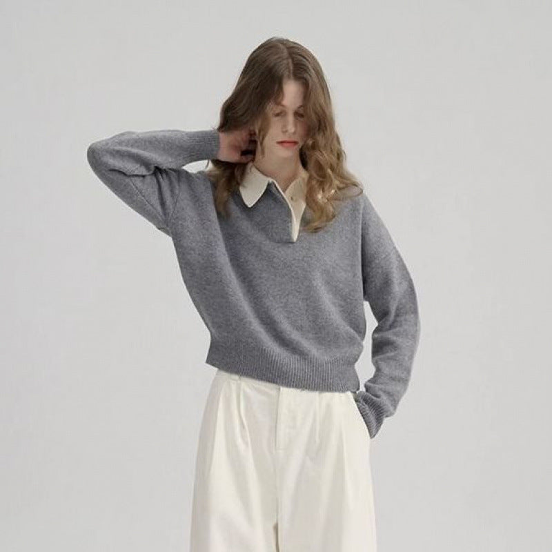 New Contrast Color Polo Collar Pullover Simple Lapel Sweater