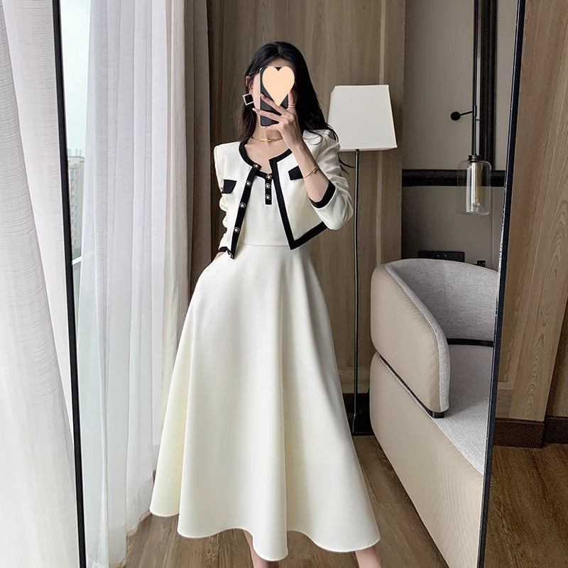 Sling Dress Women's Waist Draping Effect Long Sleeve Short Coat Socialite Suit