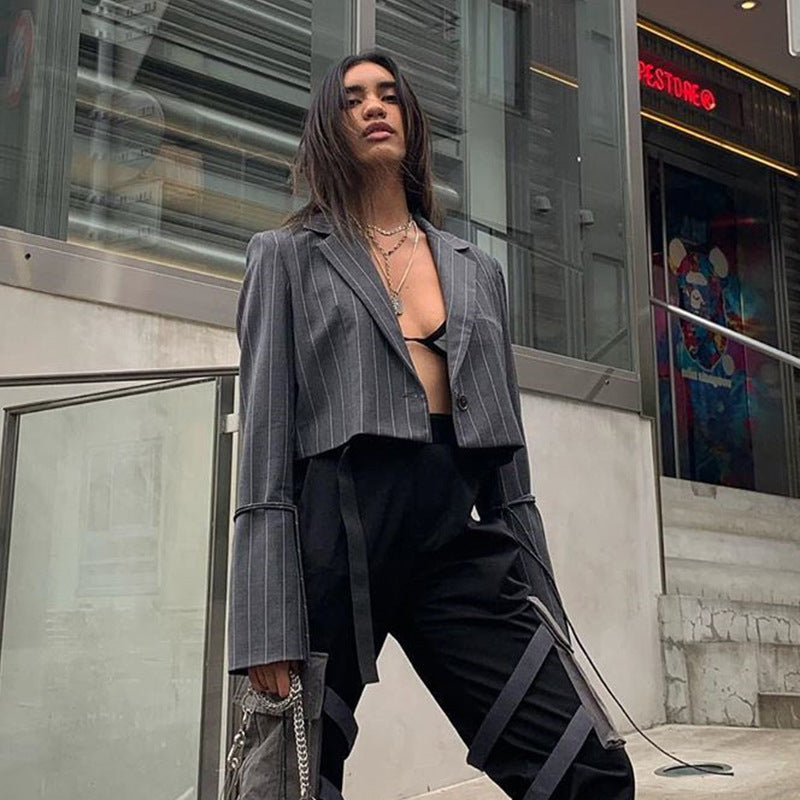 Long Sleeve Striped Double-button Elegant Office Lady Notched Trendy Crop Top All-match Women Commuters