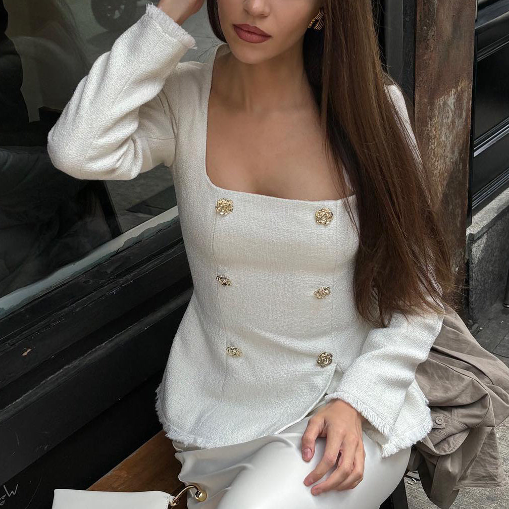 Square Neck Waist Long Sleeve Blazers