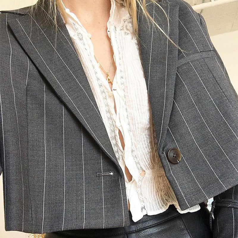 Long Sleeve Striped Double-button Elegant Office Lady Notched Trendy Crop Top All-match Women Commuters