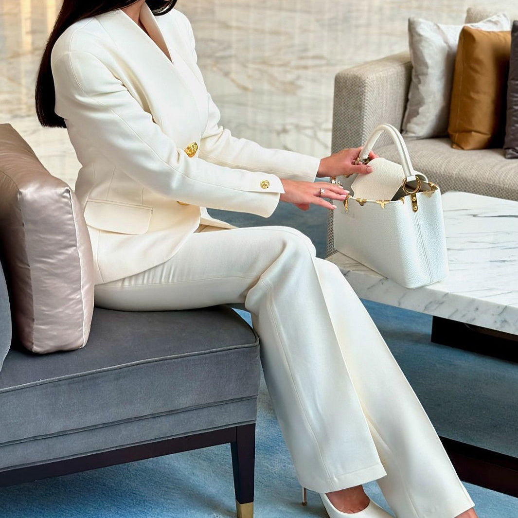Solid Color Single-breasted Blazer & High-waisted Pants Set