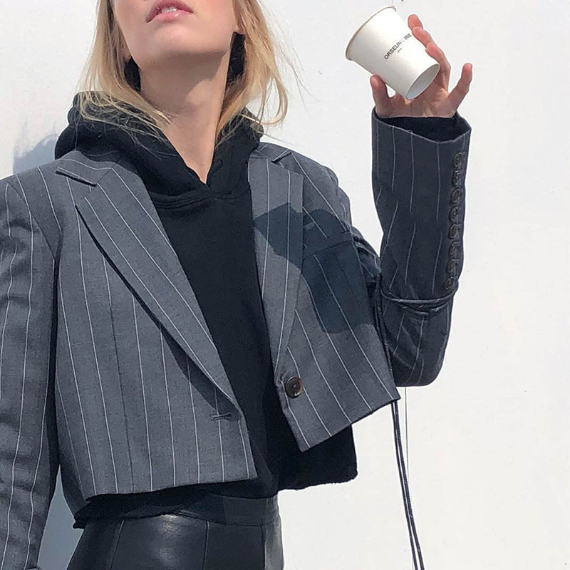 Long Sleeve Striped Double-button Elegant Office Lady Notched Trendy Crop Top All-match Women Commuters