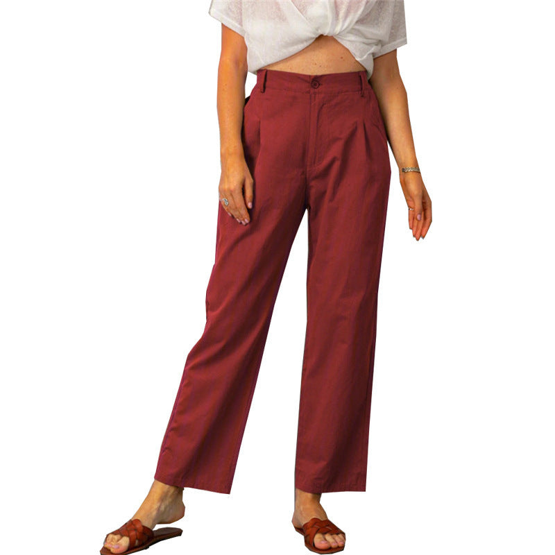 Solid Color High Waist Loose Straight Trousers