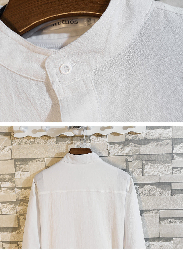 Men's Cotton And Linen Long-sleeved Stand-collar Shirt