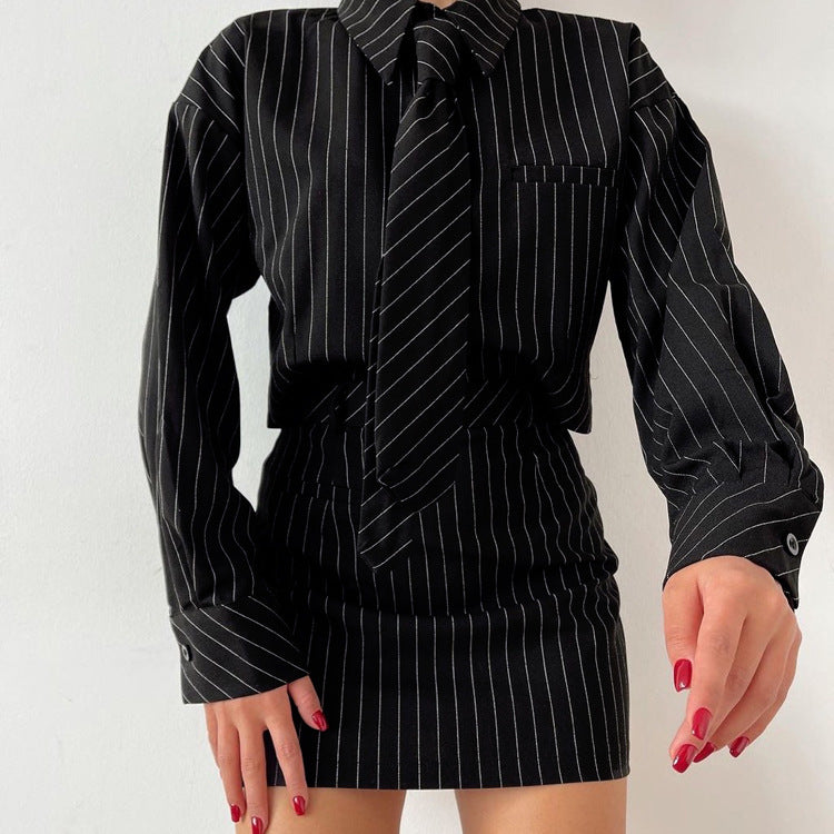 Striped Long Sleeve Tie Shirt Outfit Package Hip Skirt Two-piece Set