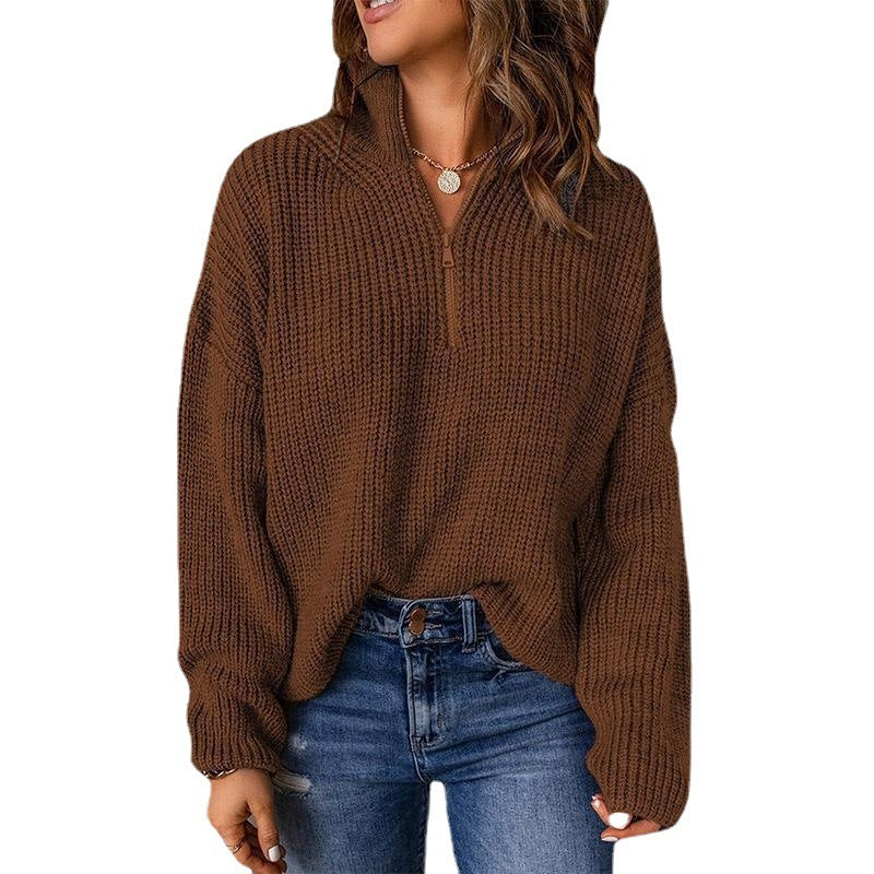 Half Open Collar Solid Color Loose Turtleneck Pullover Sweater