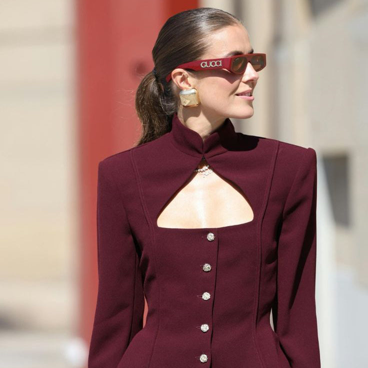 Burgundy Stand Collar Long Sleeve Top