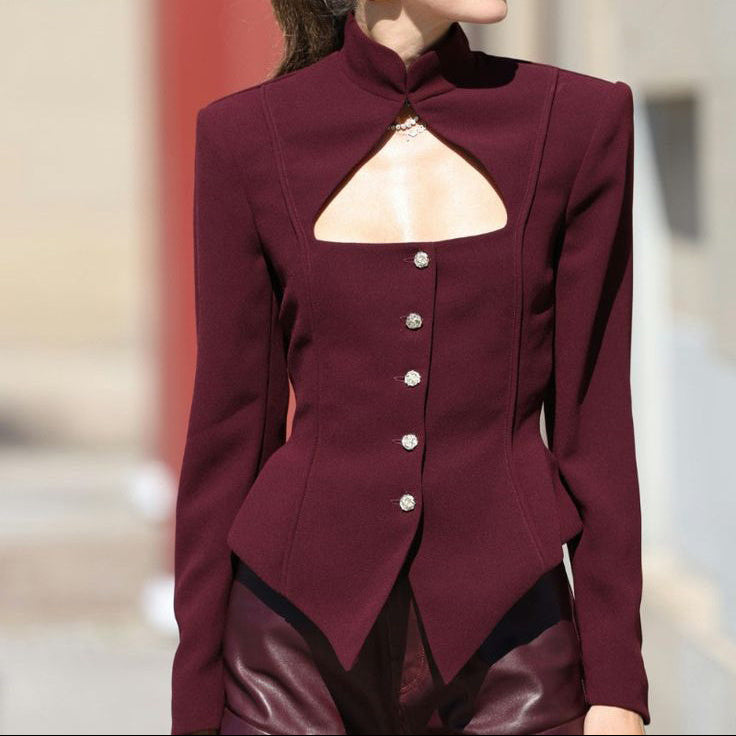 Burgundy Stand Collar Long Sleeve Top