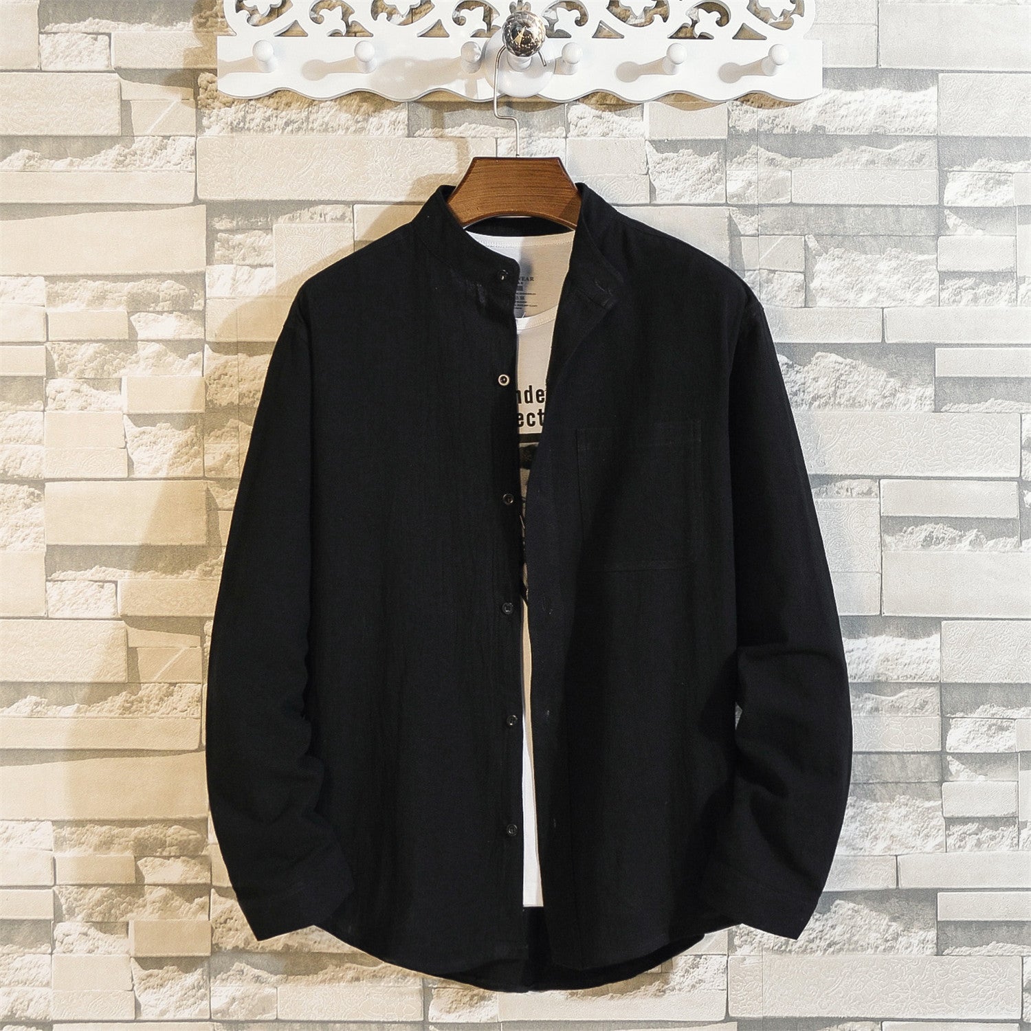 Men's Cotton And Linen Long-sleeved Stand-collar Shirt