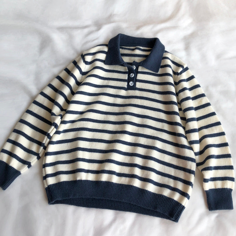 Women's Polo Polo Collar Stripes Sweater Long Sleeve Knitted Top