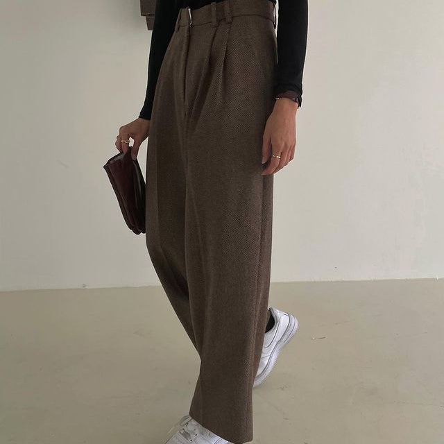 Plaid Woolen Coat High Waist Wide Leg Suit Women