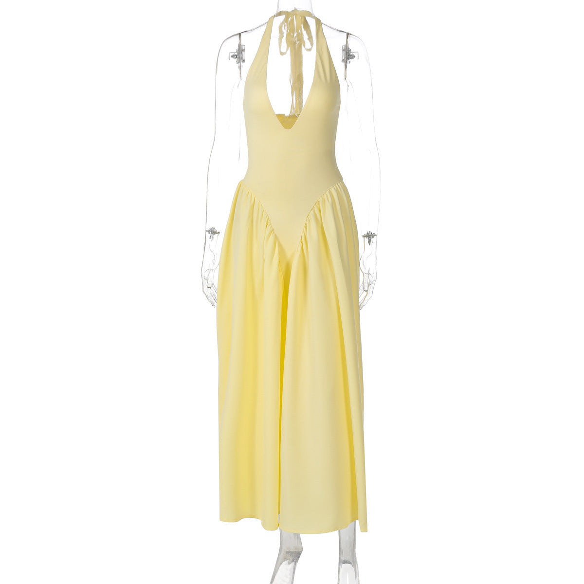 Solid Color Deep V Neck Hollow Out Halter Elegant Flared Hem Dress For Women
