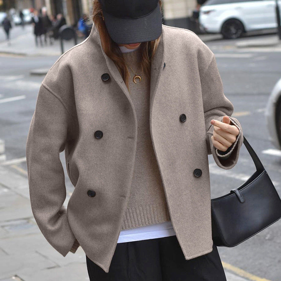 Designed Brown Double-breasted Woolen Coat For Women Winter Thickened Woolen Coat