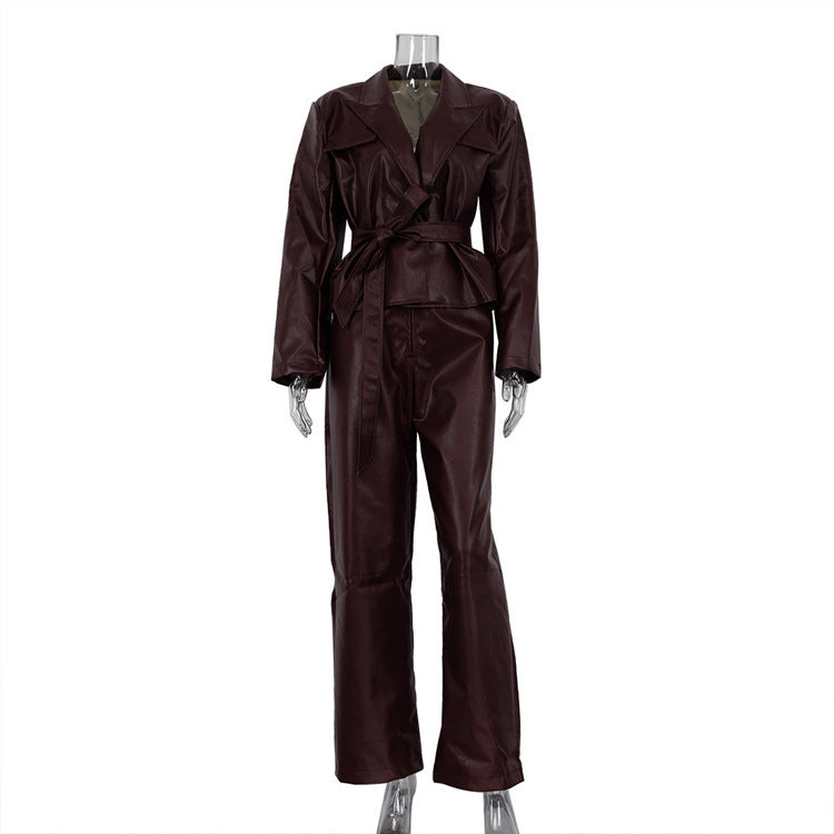 Vintage Green Collar With Belt Leather Coat High Waist Leather Shorts Fashion Suit
