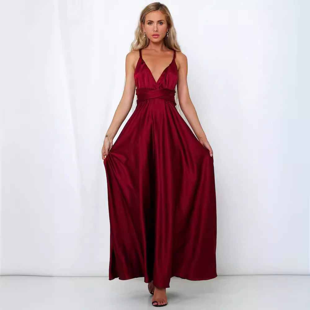 Deep V-neck Sleeveless Lace-up Backless High Waist Large Swing Satin Dress