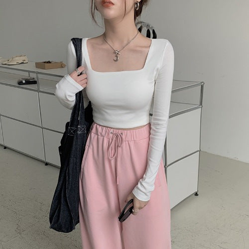 Women's Fashion Slim Fit Square Collar Long-sleeved Bottoming Shirt Top