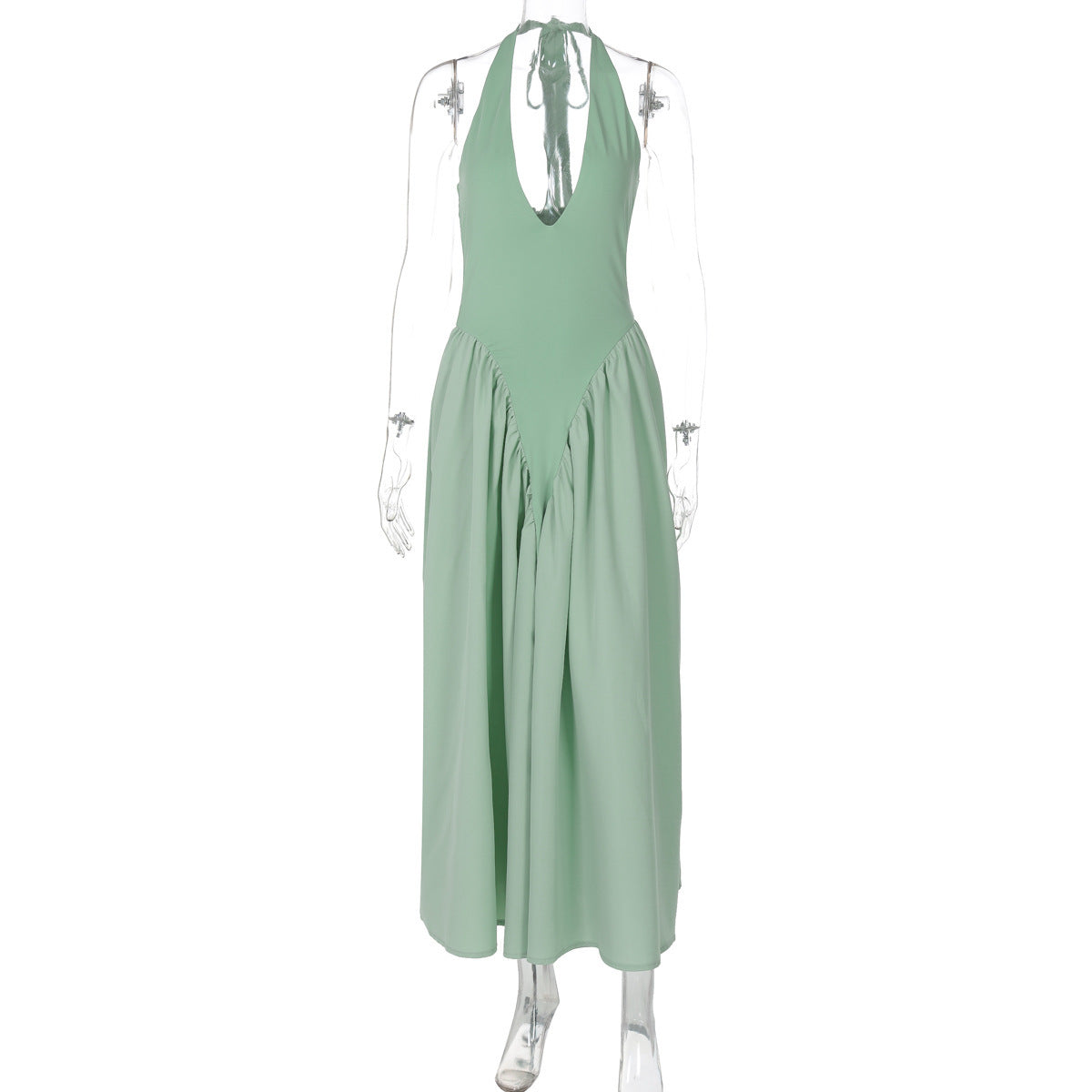 Solid Color Deep V Neck Hollow Out Halter Elegant Flared Hem Dress For Women