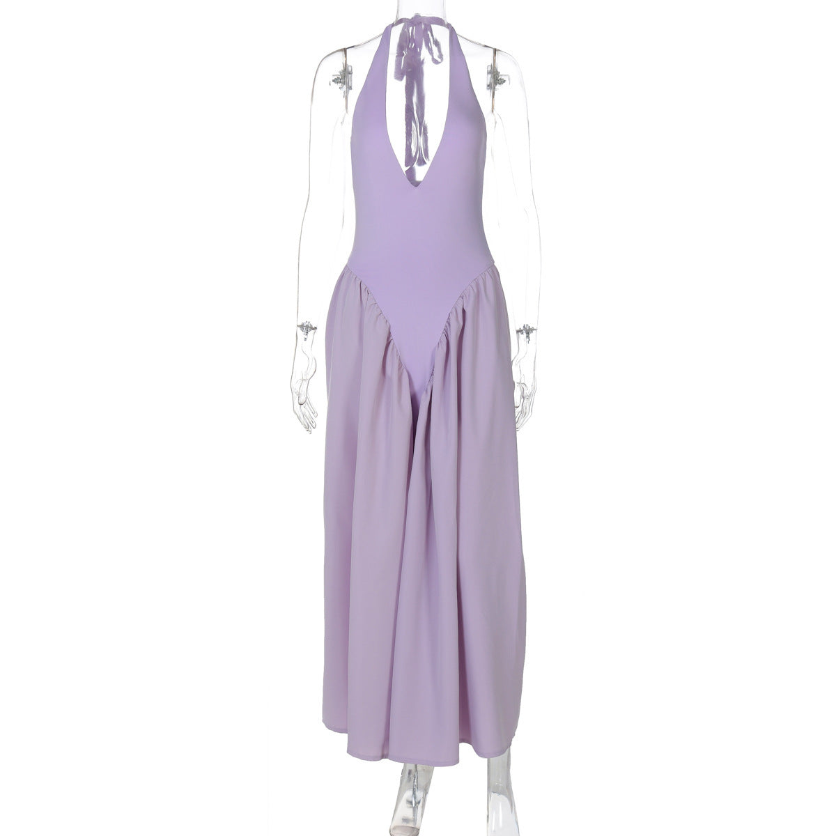 Solid Color Deep V Neck Hollow Out Halter Elegant Flared Hem Dress For Women