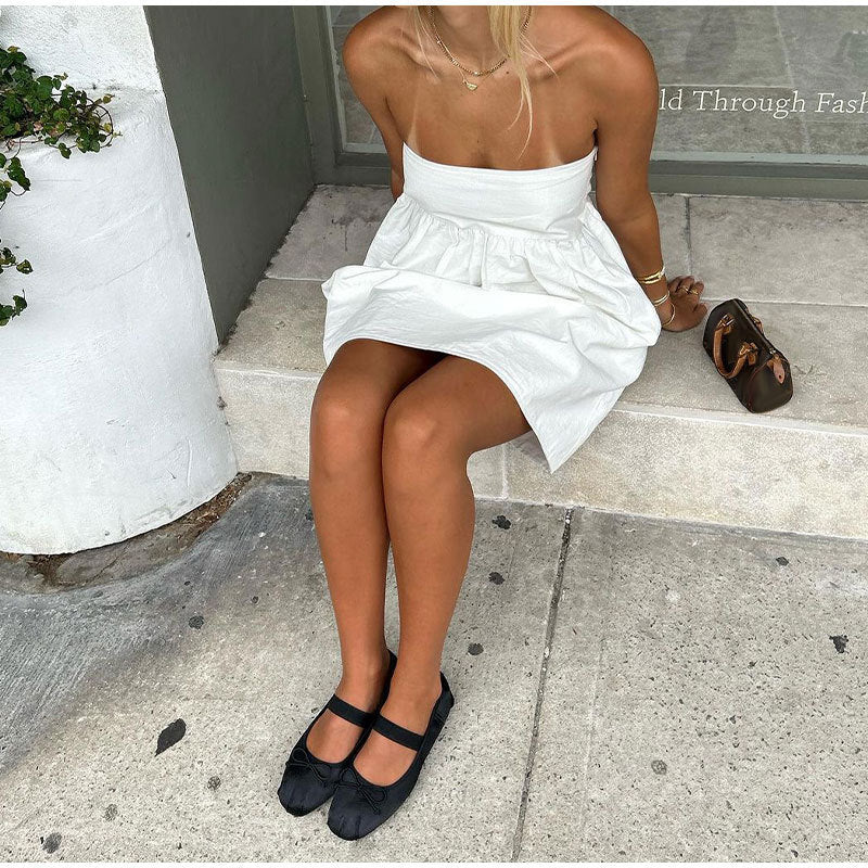 Fashionable Retro Pure Color Tube-top Sleeveless Midi Dress