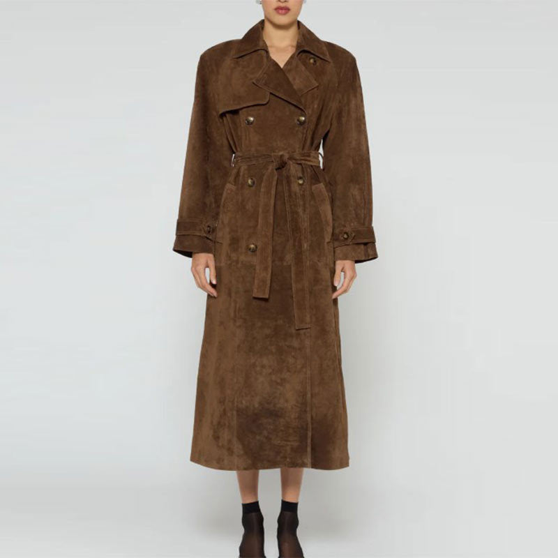 Lace-up Waist-tight Long Trench Coat Elegant Double-breasted Women's Coat