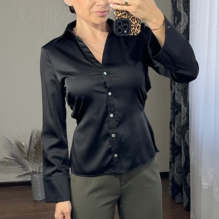 Black Satin Backless Lace-up Shirt