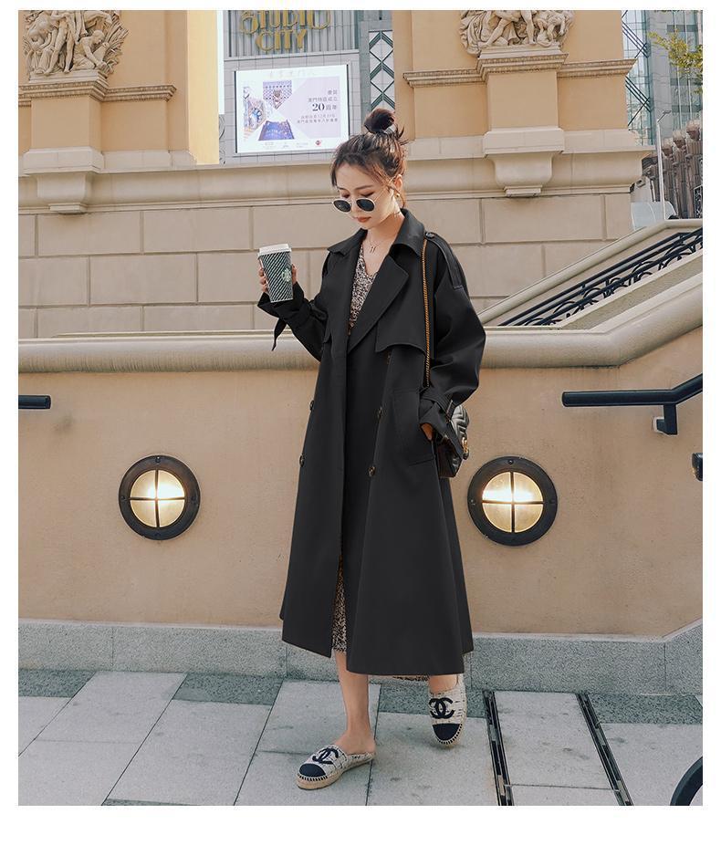 Double Breasted Waist Belt Khaki Loose Coat For Women