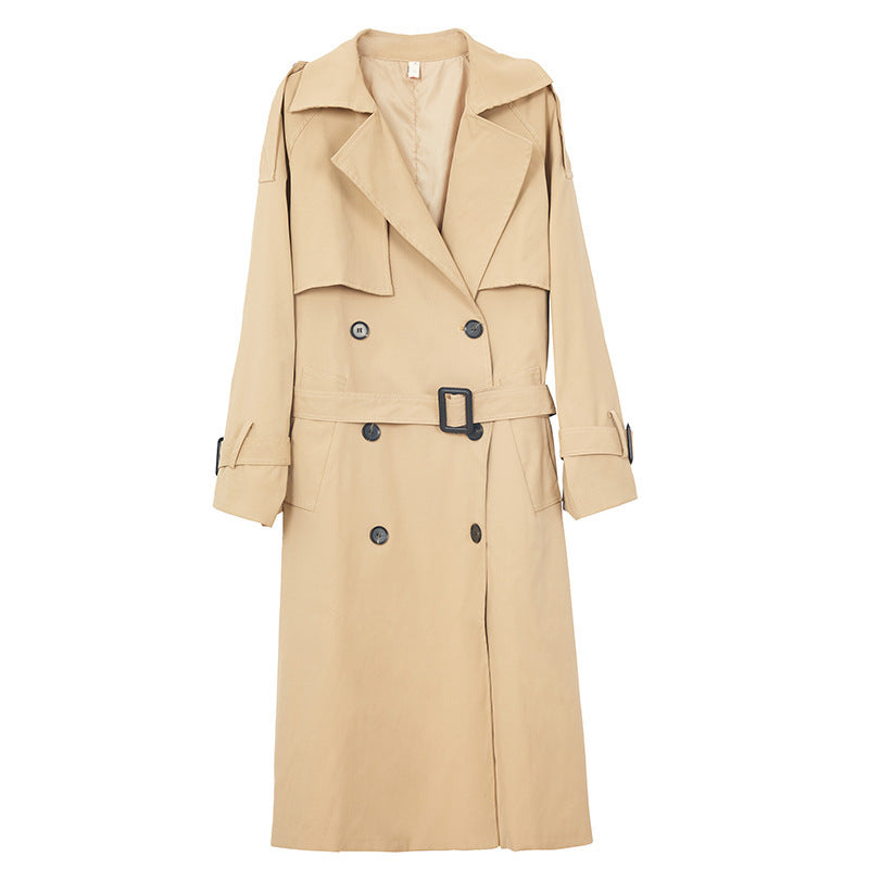 Double Breasted Waist Belt Khaki Loose Coat For Women