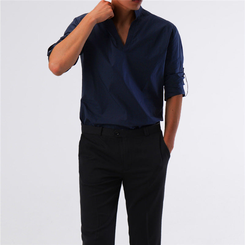 Men's Solid Color Men's Shirts Men's Pullover Stand Collar Long-Sleeved Shirts