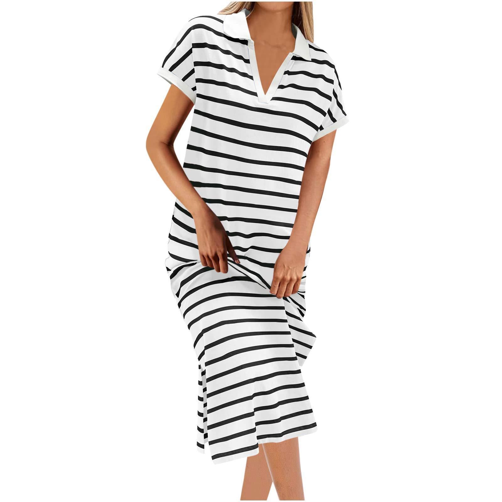 Polo Collar Stripes Short Sleeve Split Long Dress