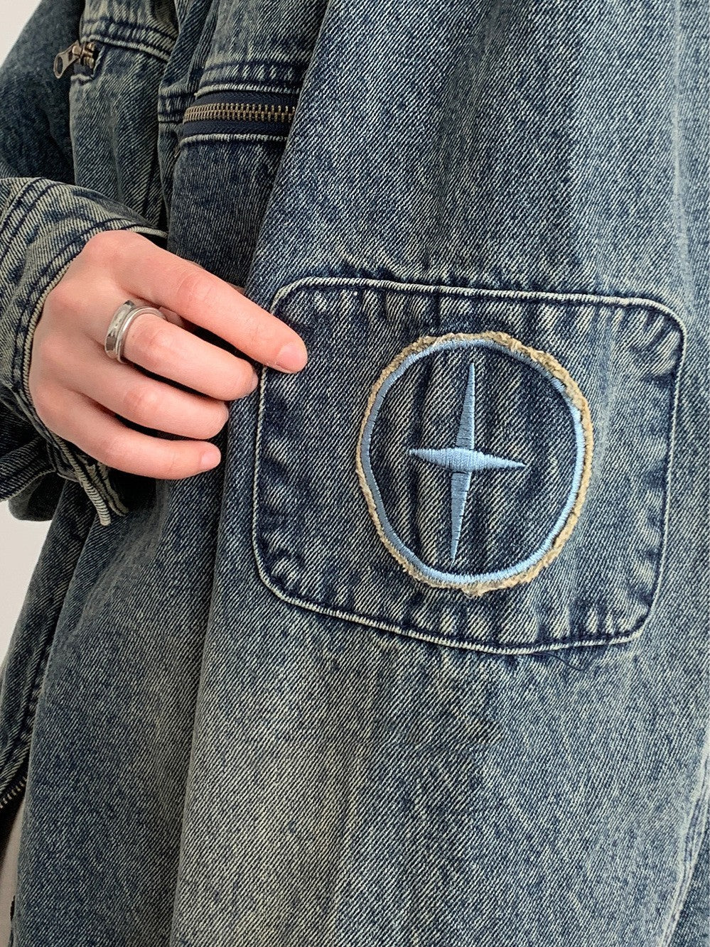 Retro Embroidery Washed Denim Jacket Coat Men