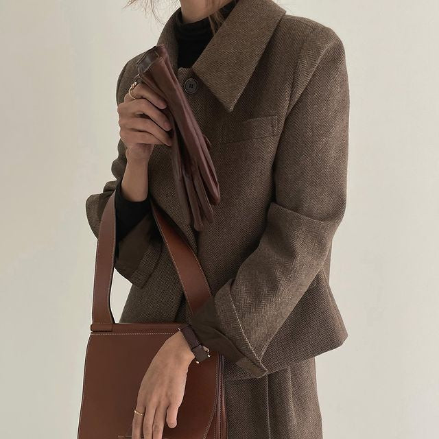 Plaid Woolen Coat High Waist Wide Leg Suit Women