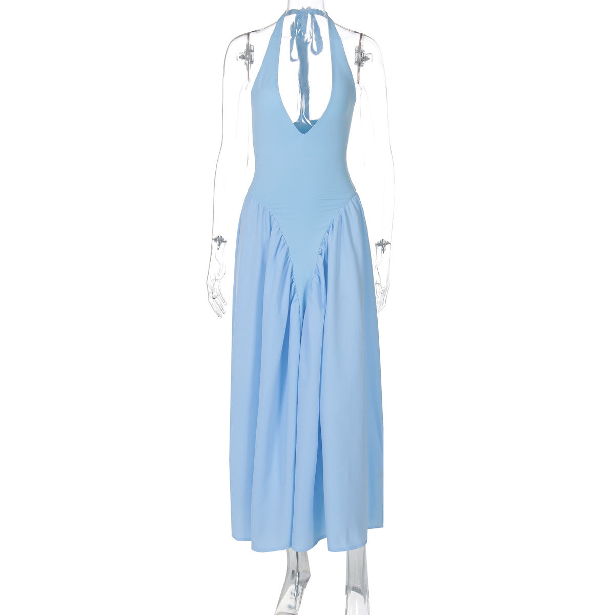 Solid Color Deep V Neck Hollow Out Halter Elegant Flared Hem Dress For Women