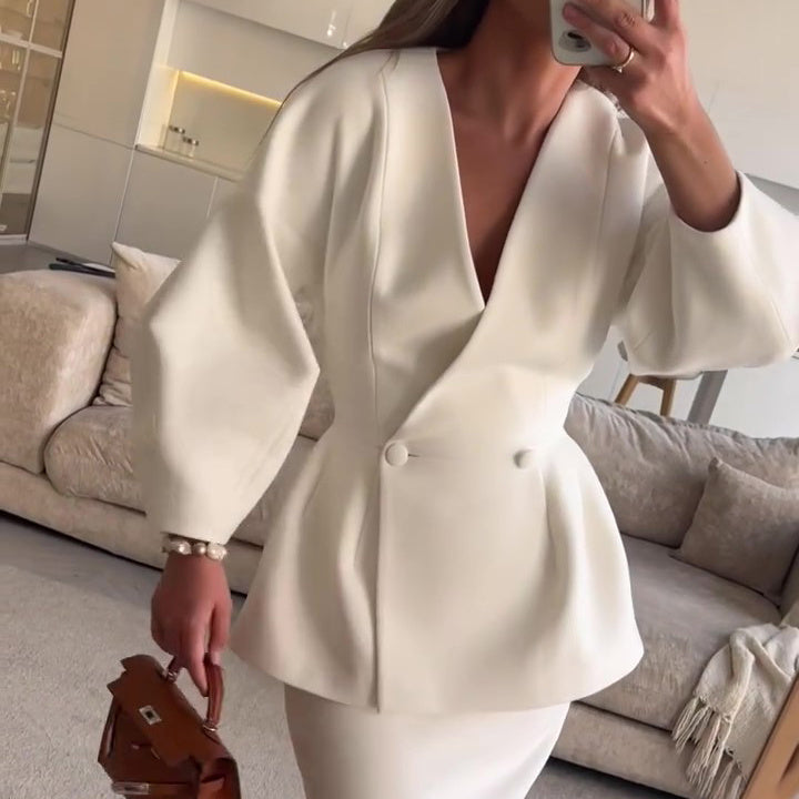 Ruffled V-neck Coat & Long Skirt Suit